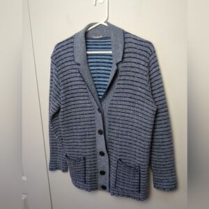 VINTAGE Women Cardigan Wool Blue Stripes Long Sleeve Buttons Closure Size ? M